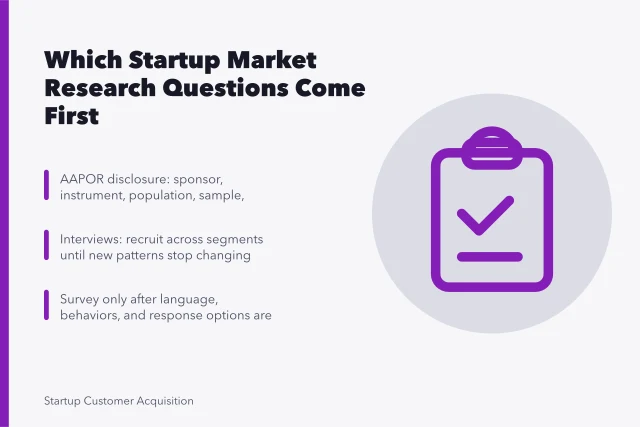 Card on startup market research questions, evidence, interviews, surveys, and stopping rules. Which startup market research questions come first
