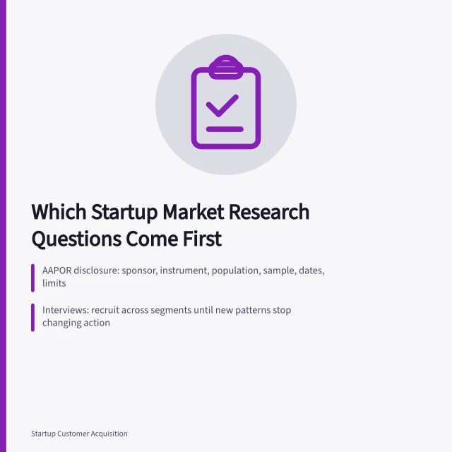 Card on startup market research questions, evidence, interviews, surveys, and stopping rules. Which startup market research questions come first