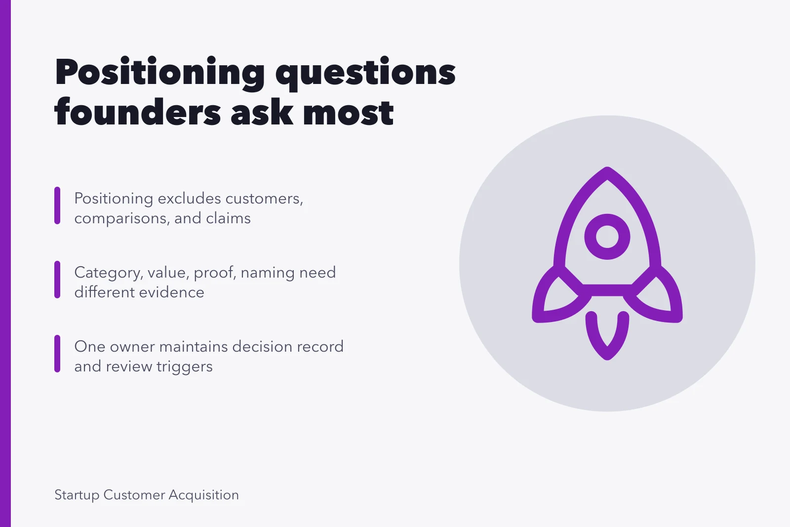 Card summarizing common startup positioning questions and decisions. Which startup positioning questions come up most