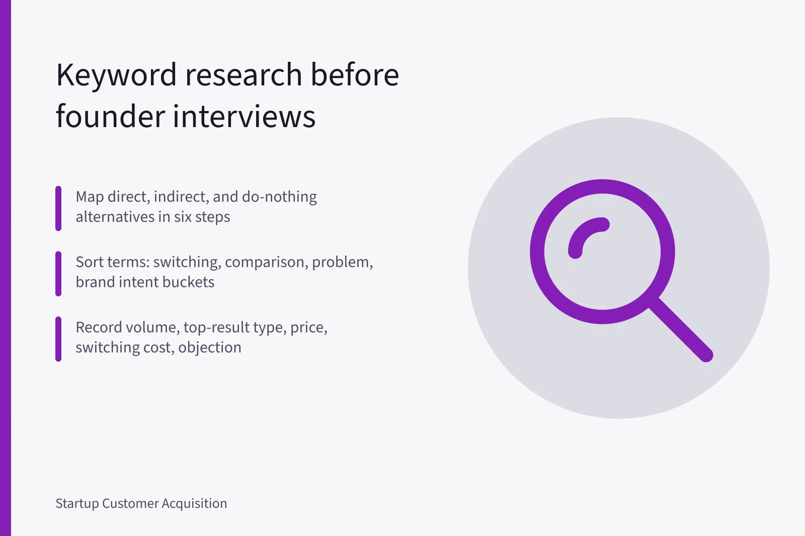 Keyword research card mapping competitor alternatives before customer interviews. Competitor keyword research before interviews: mapping alternatives as real market research