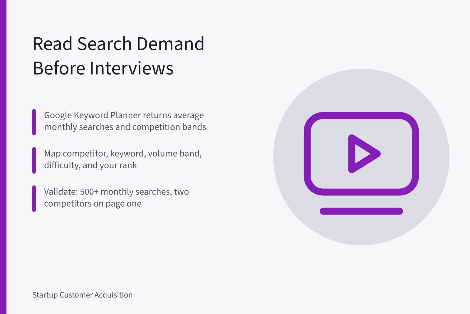 Keyword research card showing competitor gap analysis and search demand checklist. Competitor keyword research for startups: how to read search demand before interviews