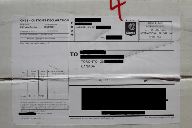 Customs declaration for The Owl House poster ordered from North Carolina to Ontario through USPS and Canada Post. Cross-border acquisition in Canada and Mexico for US startups: consent, advertising, tax and shipping rules