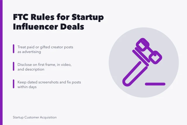 Card on FTC endorsement guide rules for startup influencer disclosure. How the FTC endorsement guides apply to startup influencer acquisition