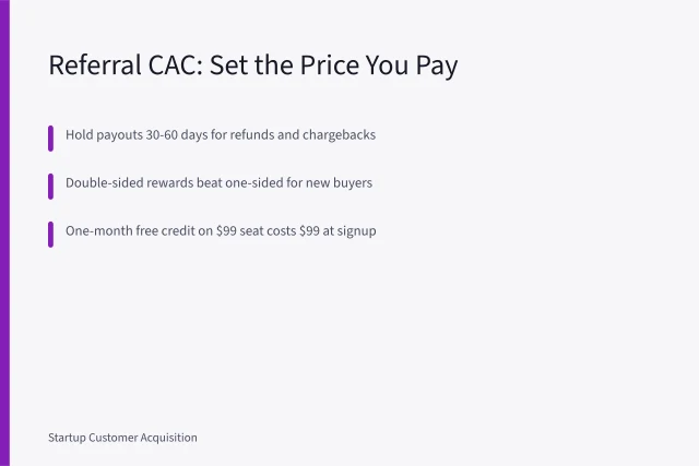 Referral program cost card: reward, hold period, CAC ceiling. How US startups use referral programs to cut customer acquisition cost