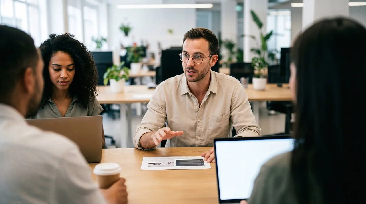 office, business, team, meeting, discussion, collaboration, colleagues, working, diverse, modern, laptops, desk, communication, teamwork, professionals, brainstorming, company, workspace, productive, together, ai generated. Product-led growth for startups mistakes for business teams