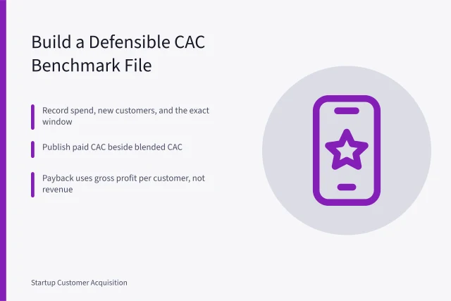 CAC benchmark card showing paid versus blended acquisition cost and payback. Startup customer acquisition benchmarks: what a defensible CAC model looks like