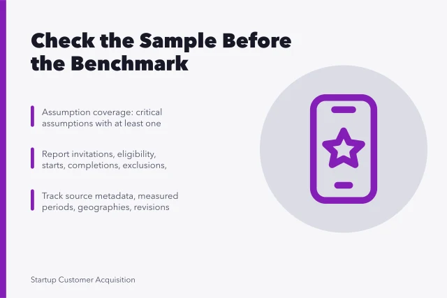 Card on benchmarking market research evidence quality and sample context. A market research benchmark means little before you check the sample first