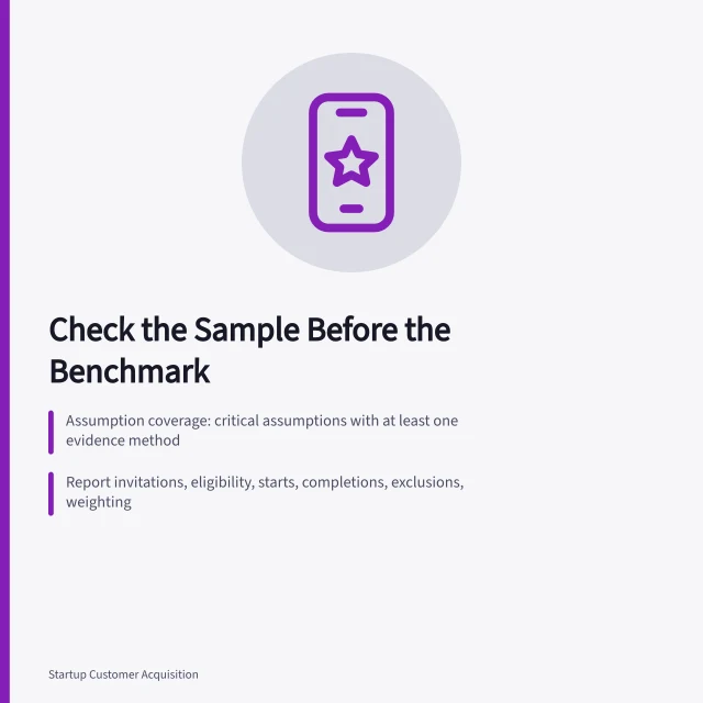 Card on benchmarking market research evidence quality and sample context. A market research benchmark means little before you check the sample first