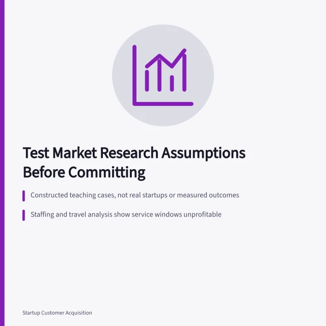 Card summarizing critical reading of constructed startup market research case studies. Reading a market research case study critically, one overturned assumption at a time