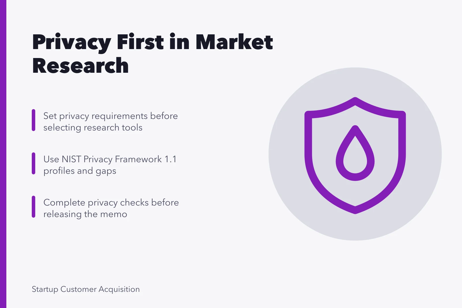 Card listing privacy-first steps in a startup market research checklist. Privacy requirements belong at the start of a market research checklist, not the end