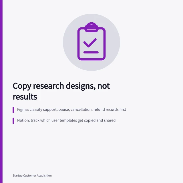 Card listing Figma, Notion, and Zapier market research design examples. Startup market research examples for business teams