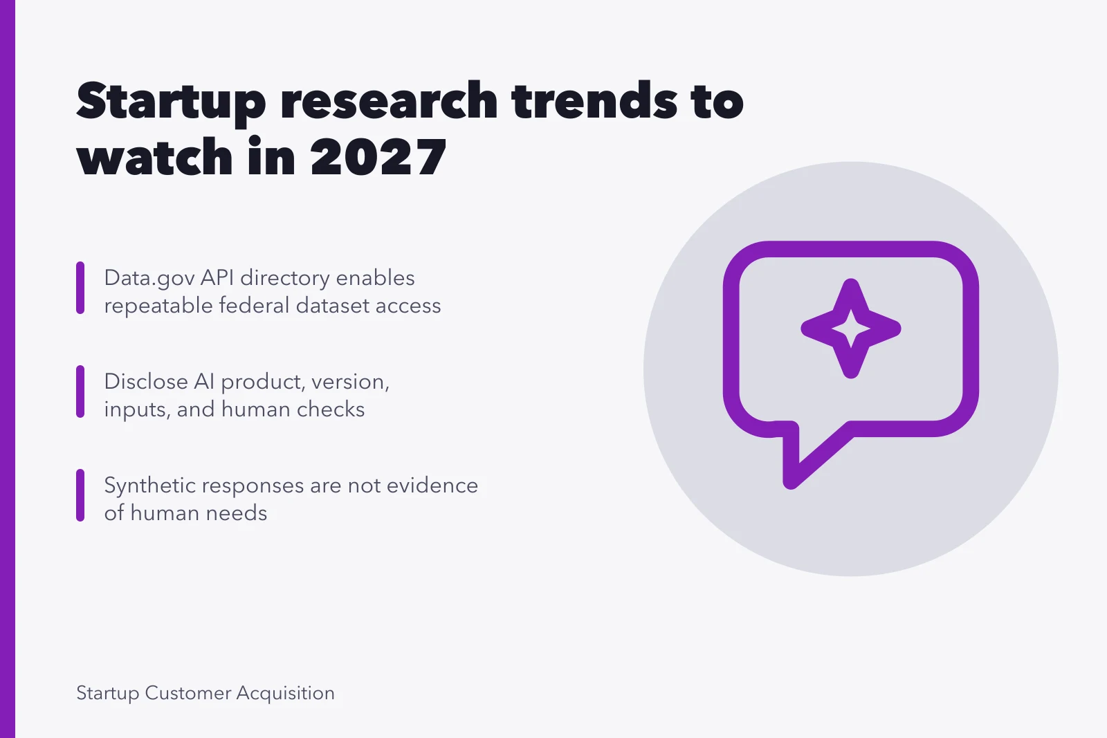 Card summarizing 2027 startup market research trends: APIs, disclosed AI, synthetic scrutiny. Which startup market research trends to watch