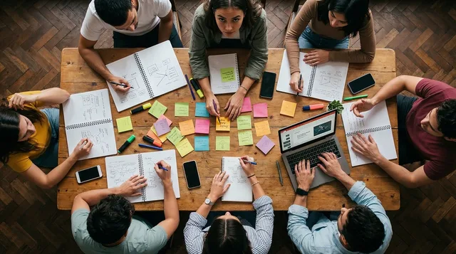 eam, workshop, office, collaboration, sticky notes, planning, strategy, brainstorming, table, overhead, people, working, laptop, notebooks, creativity, business, meeting, together, analysis, group, ai generated. Startup positioning benchmarks: numbers to watch