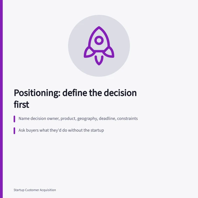 Card outlining startup positioning steps: decision, alternatives, message tests. Startup positioning: a focused business guide for 2027