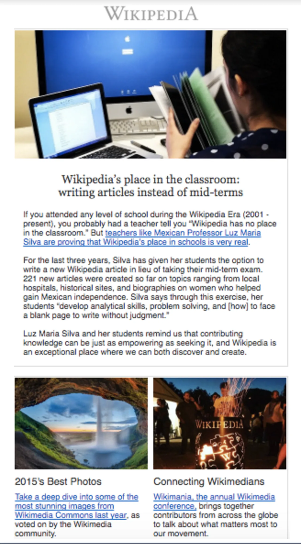 A complete Wikimedia Foundation email newsletter with a lead story and two image cards.